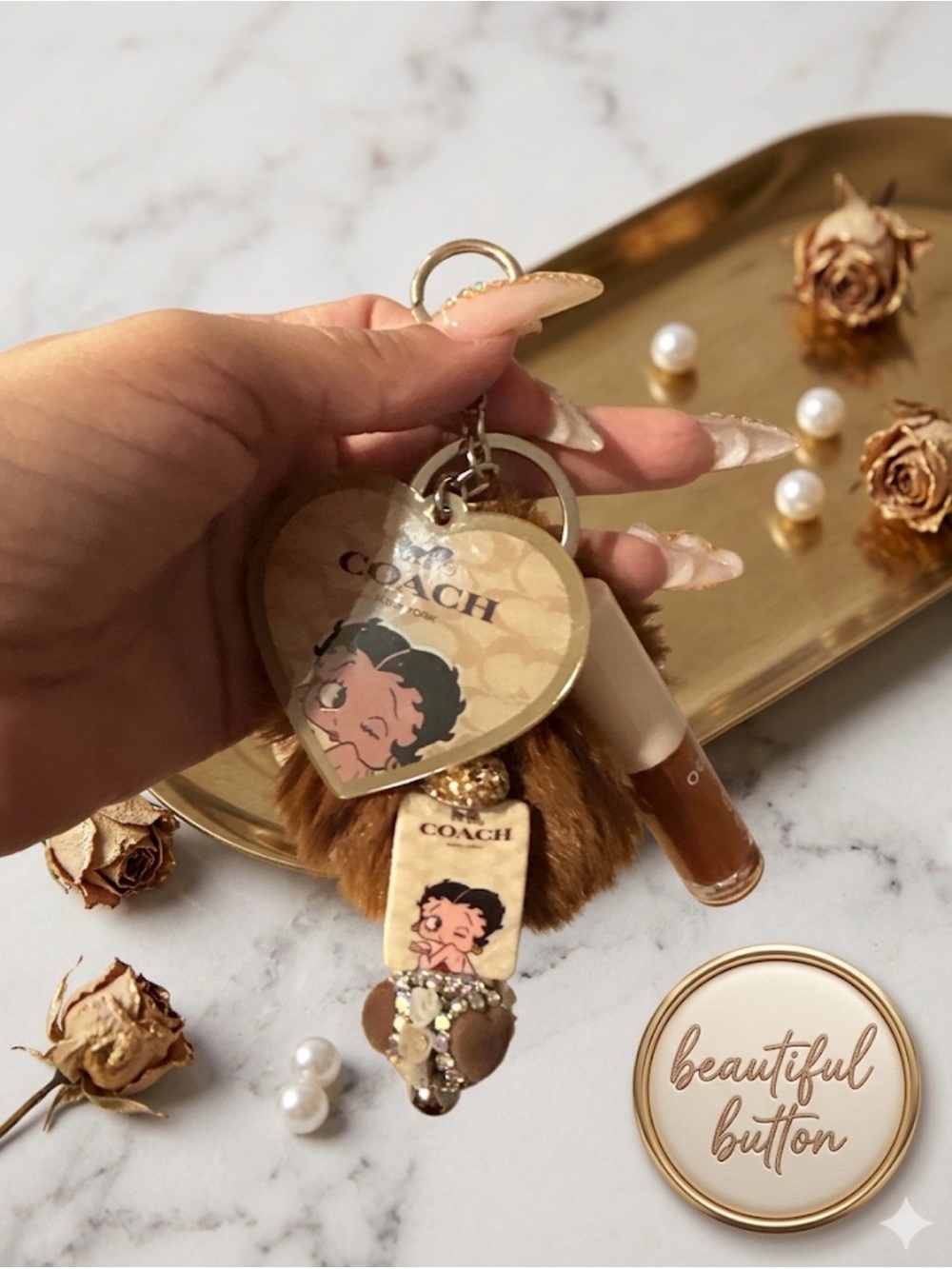 Custom Junk keychain 
Betty Boop Heart Pom Keychain - Brown
